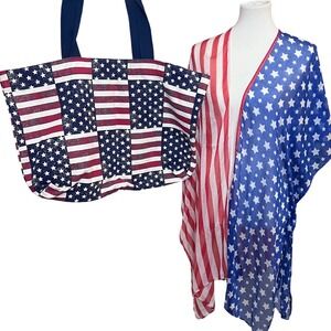 Americana Flag Patchwork Tote Bag, Cover Up Set Patriotic USA‎ Canvas Bag July 4